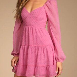 Lulu's Longing And Love Pink Swiss Dot Puff Long Sleeve Mini Dress